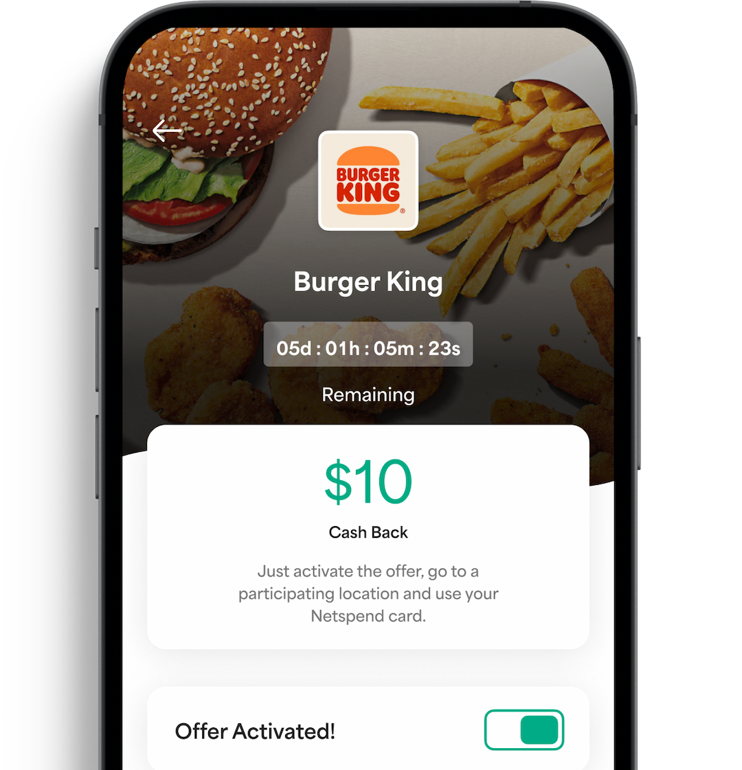 Netspend Payback Rewards Burger King offer displayed on an iPhone