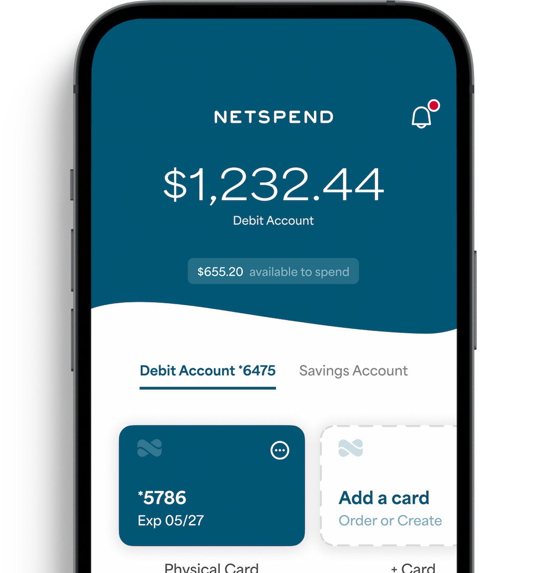The Netspend app displaying a debit account balance on an iPhone