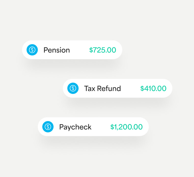 Different transfer types including permissions, tax refunds, and paychecks