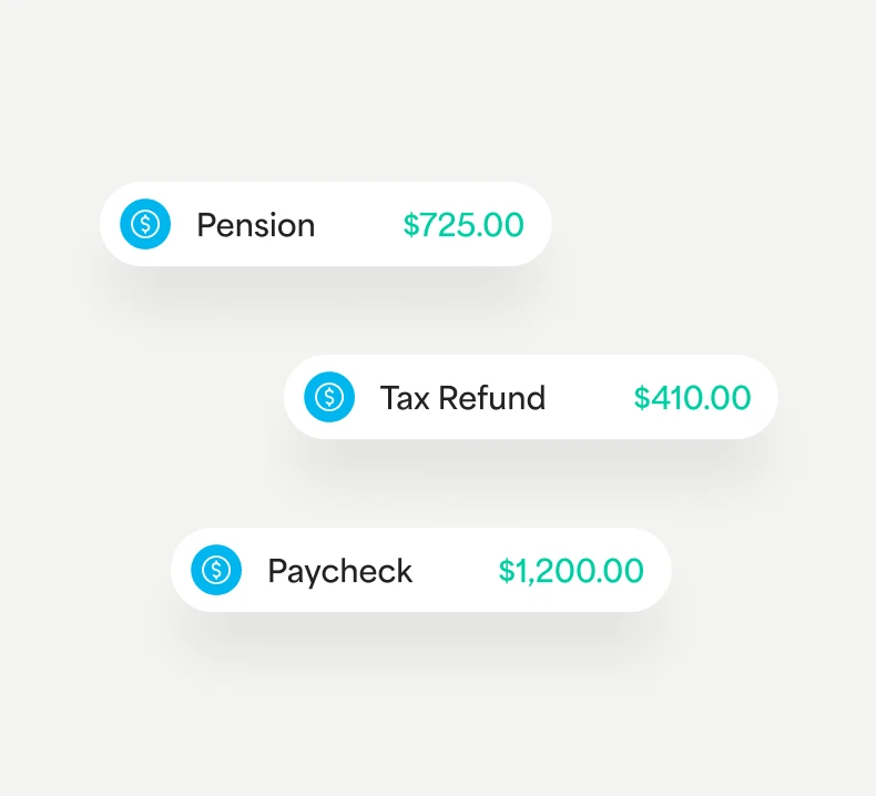 Different transfer types including permissions, tax refunds, and paychecks