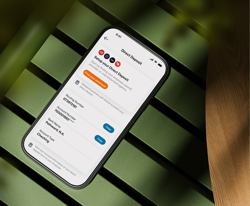 A phone with displaying the direct deposit screen of the Netspend app