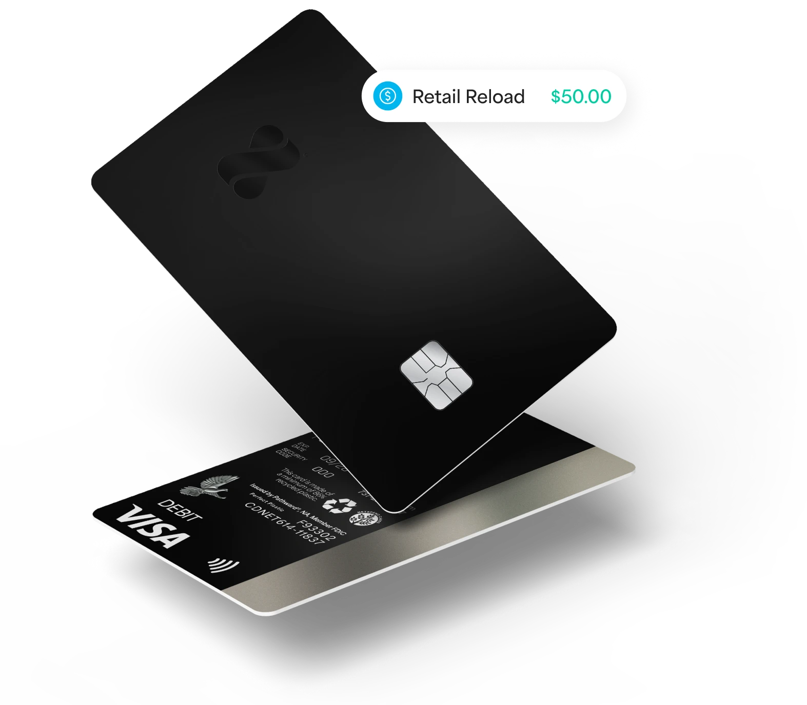 Black Netspend debit card with Retail Reload notification