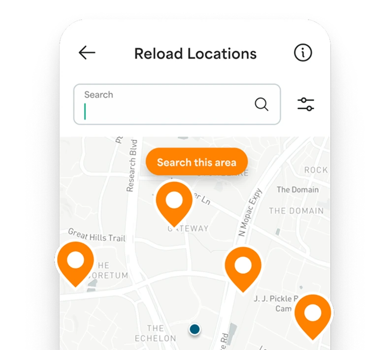 App screen showing reload locations