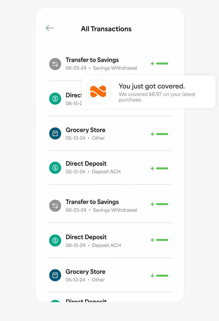 A list of transactions with a notification of a purchase cushion of $8.97 applied