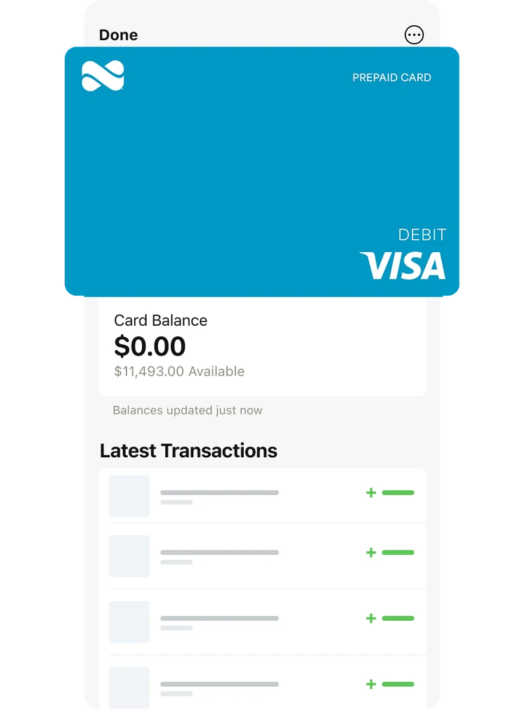 Netspend blue prepaid card with a list of latest transactions