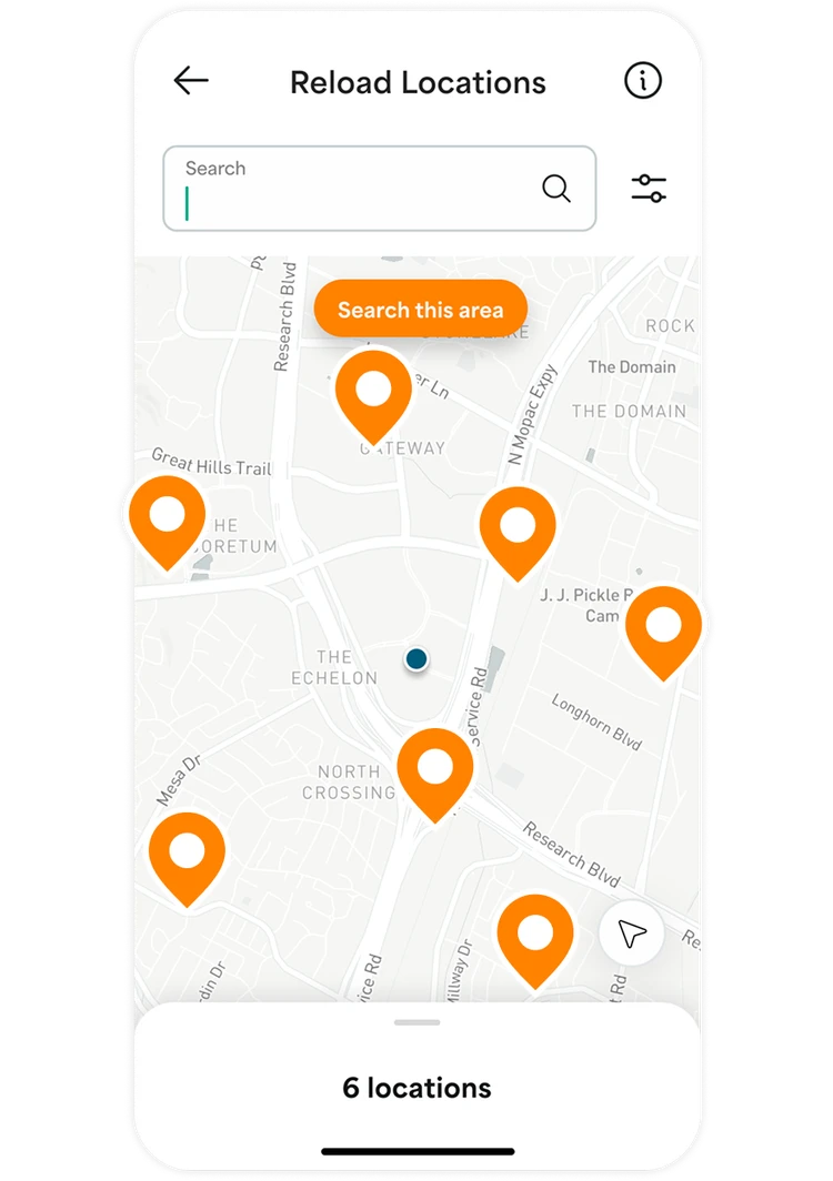 Screenshot of the reload locations in the Netspend app